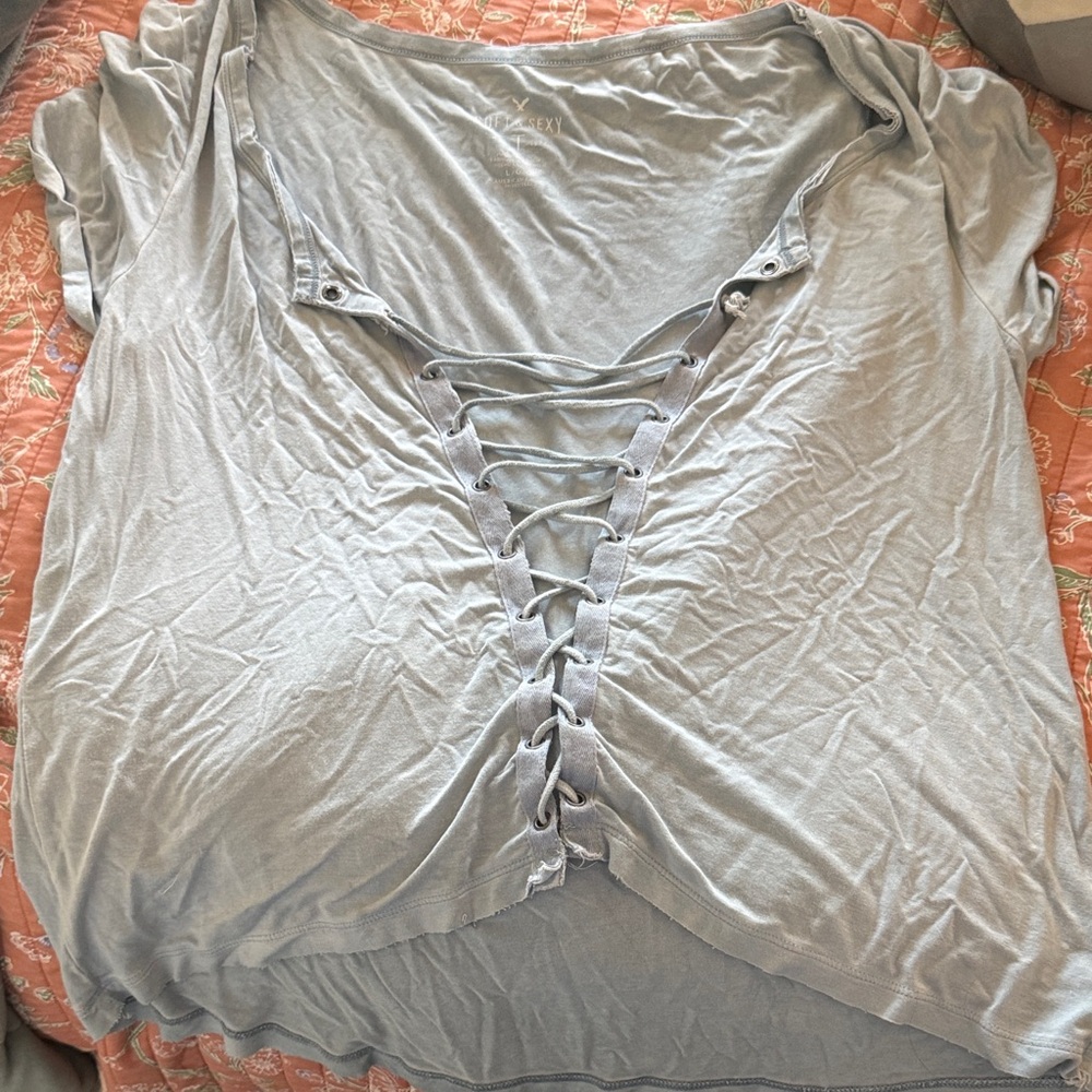 American Eagle Outfitters Light Gray Lace-Up Tee